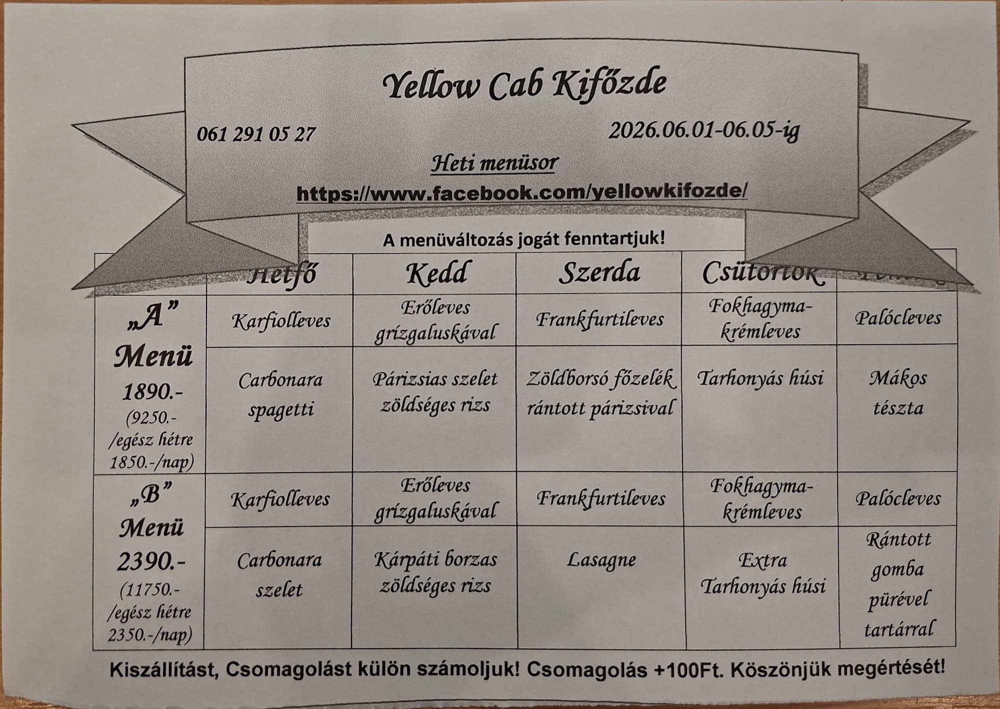 Heti menü fogások a Yellow Cab Kifőzdében