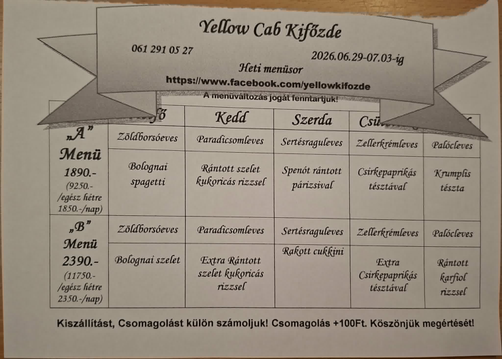 Heti menü fogások a Yellow Cab Kifőzdében