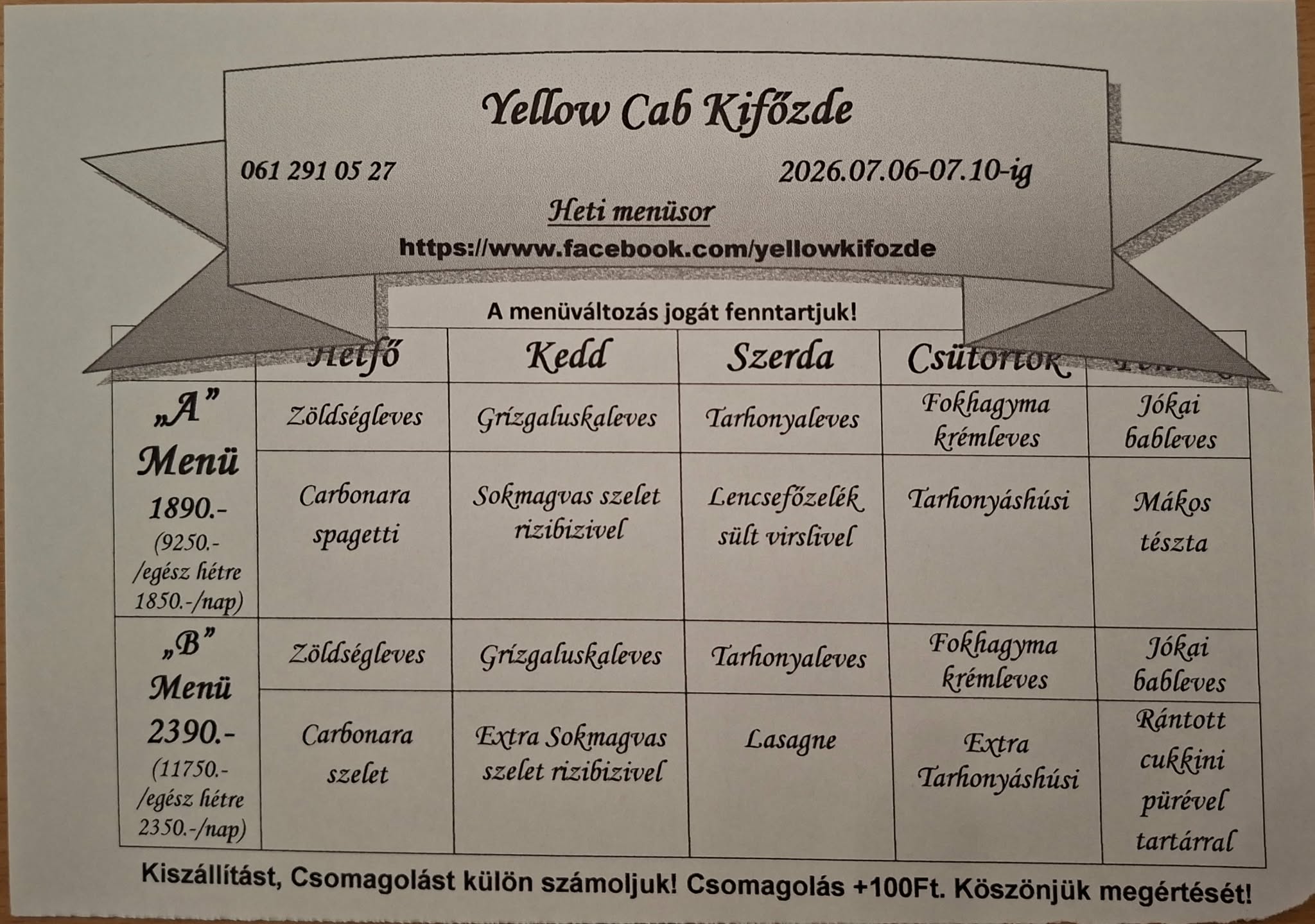 Heti menü fogások a Yellow Cab Kifőzdében