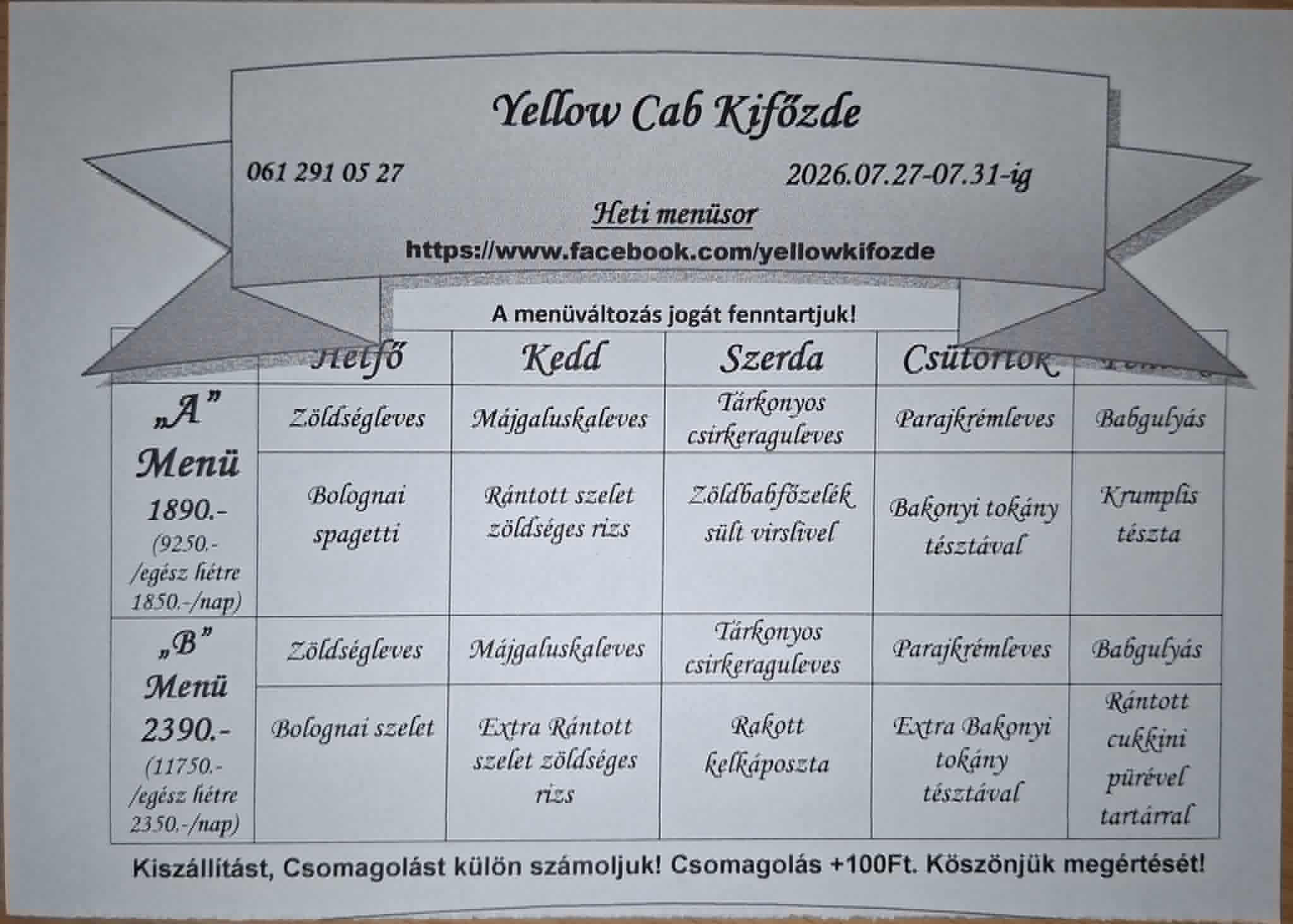 Heti menü fogások a Yellow Cab Kifőzdében