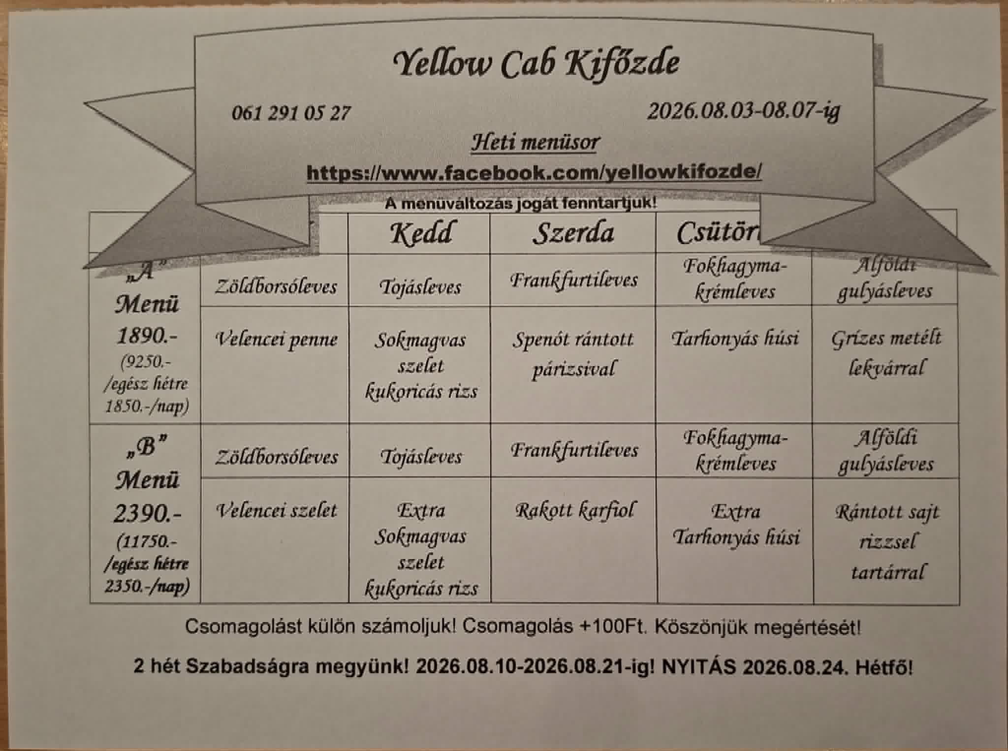 Heti menü fogások a Yellow Cab Kifőzdében