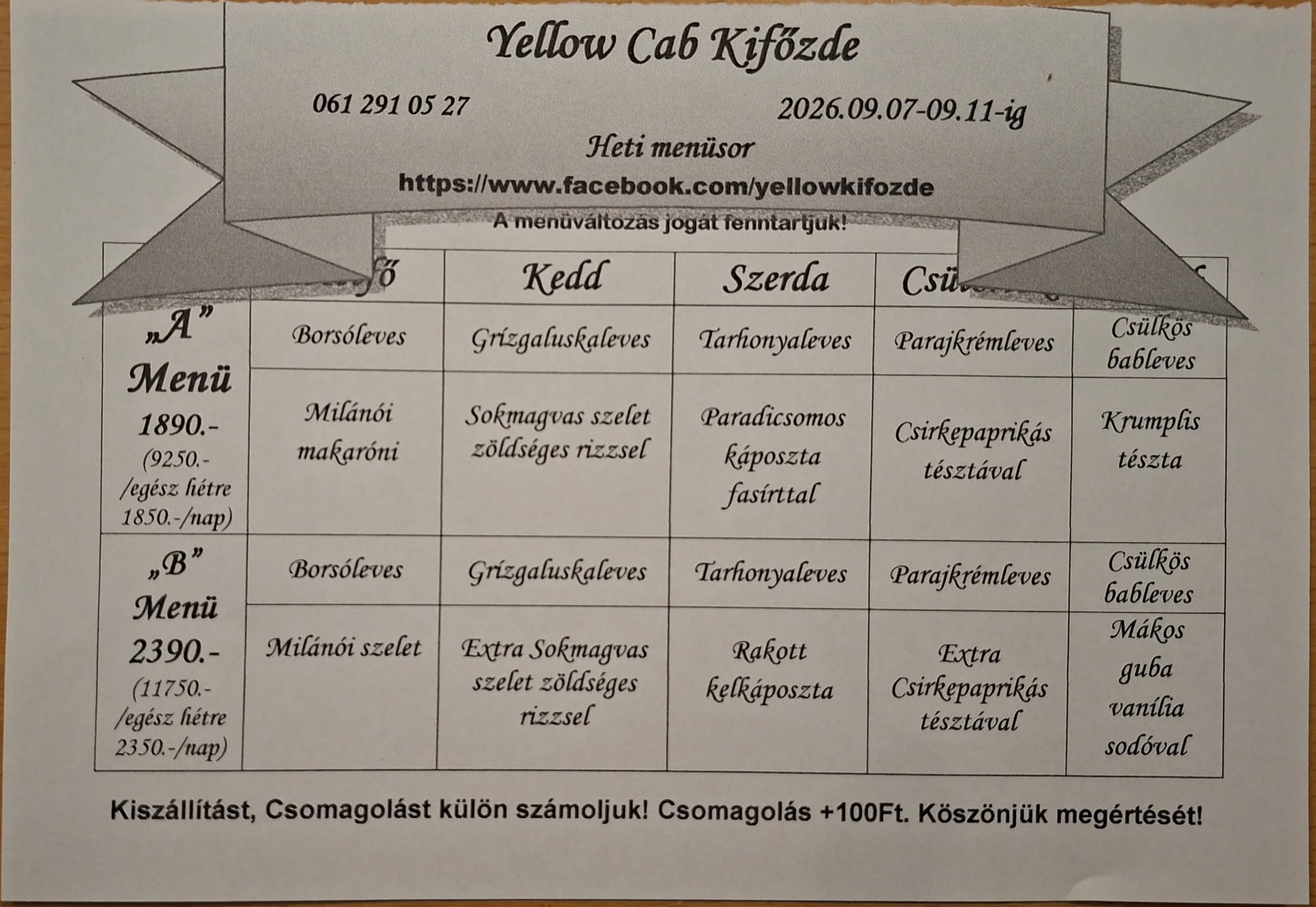 Heti menü fogások a Yellow Cab Kifőzdében