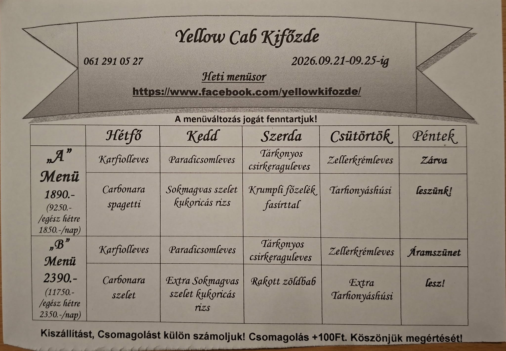 Heti menü fogások a Yellow Cab Kifőzdében
