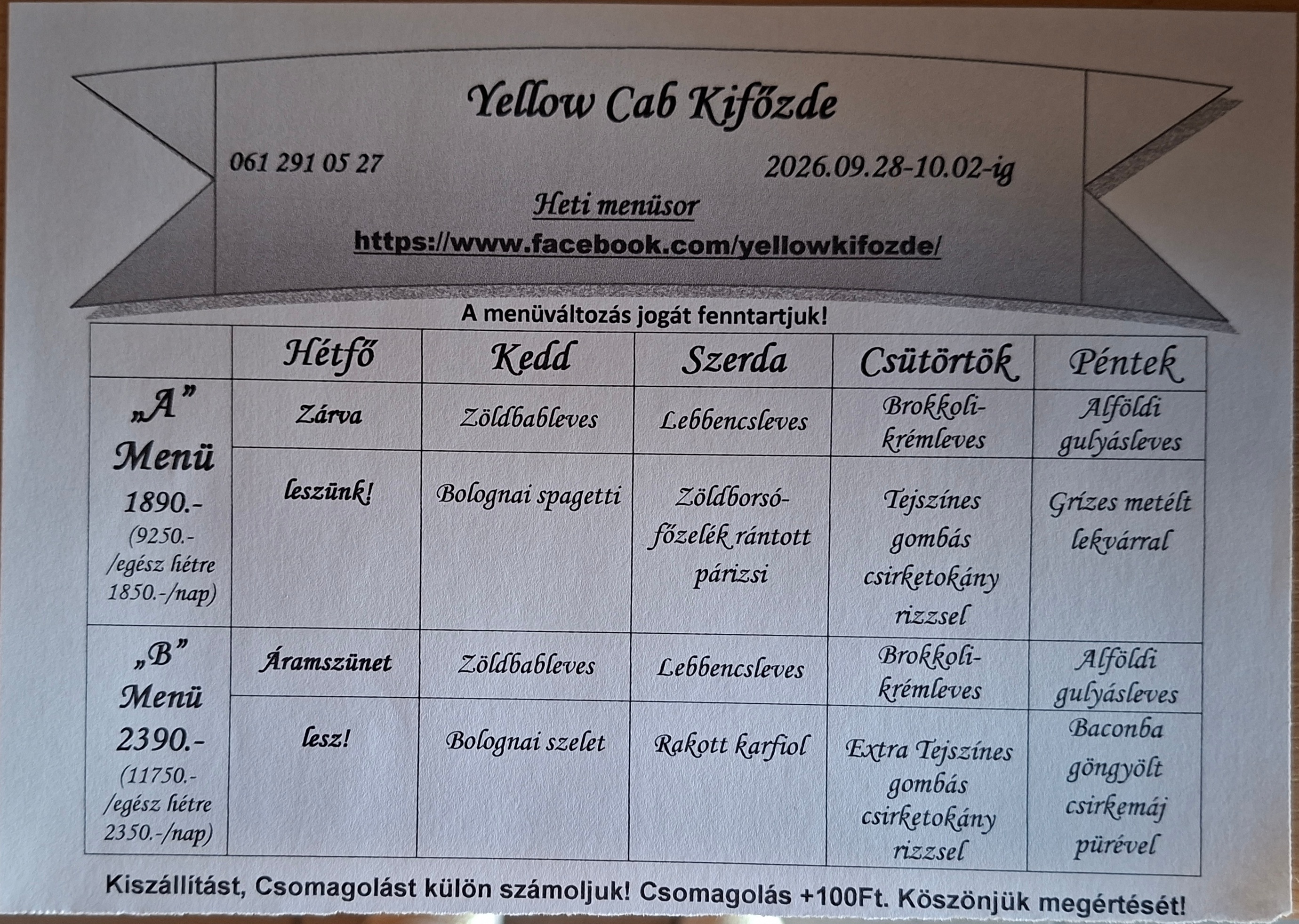 2026. szeptember 28. heti menü
