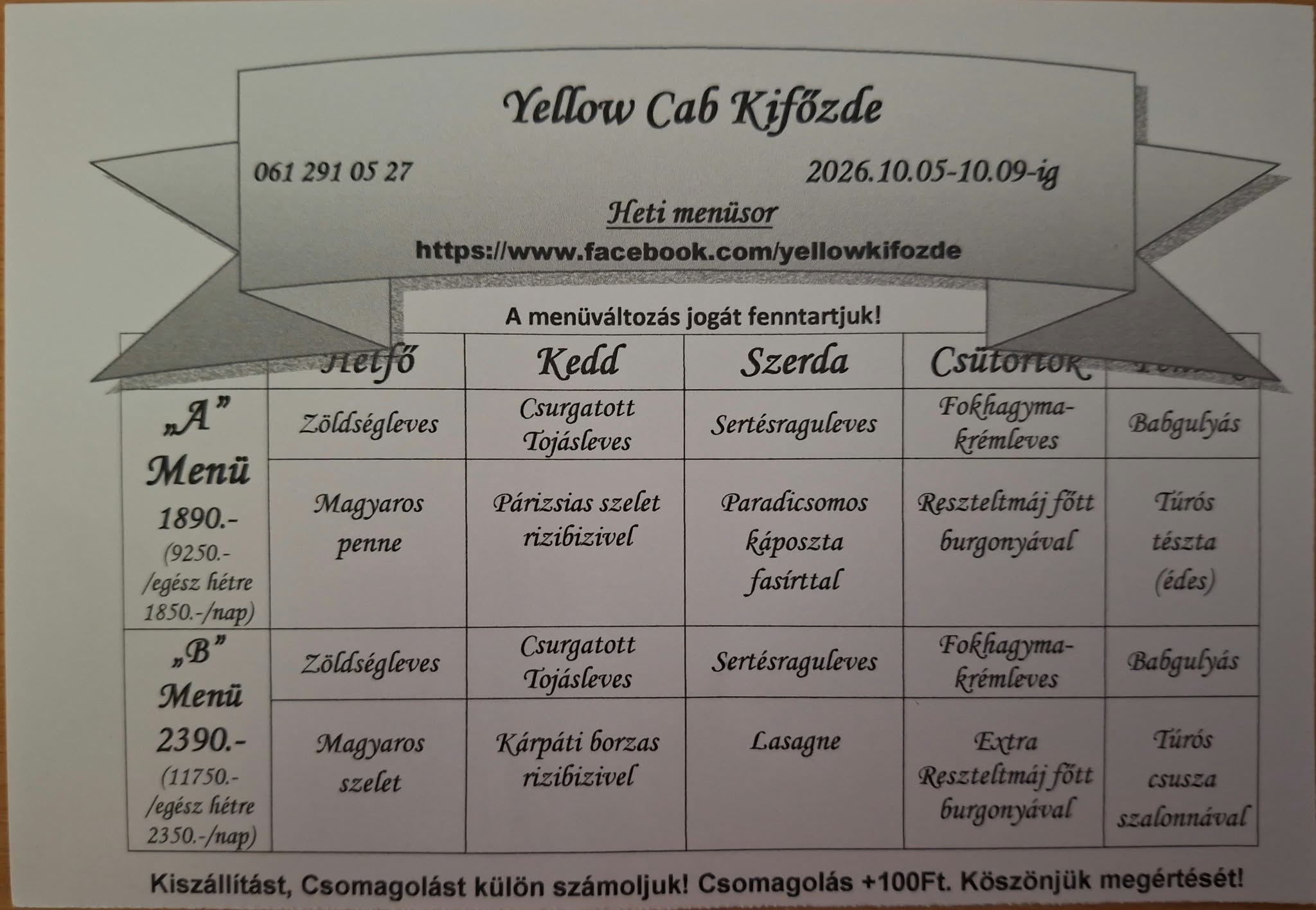 Heti menü fogások a Yellow Cab Kifőzdében