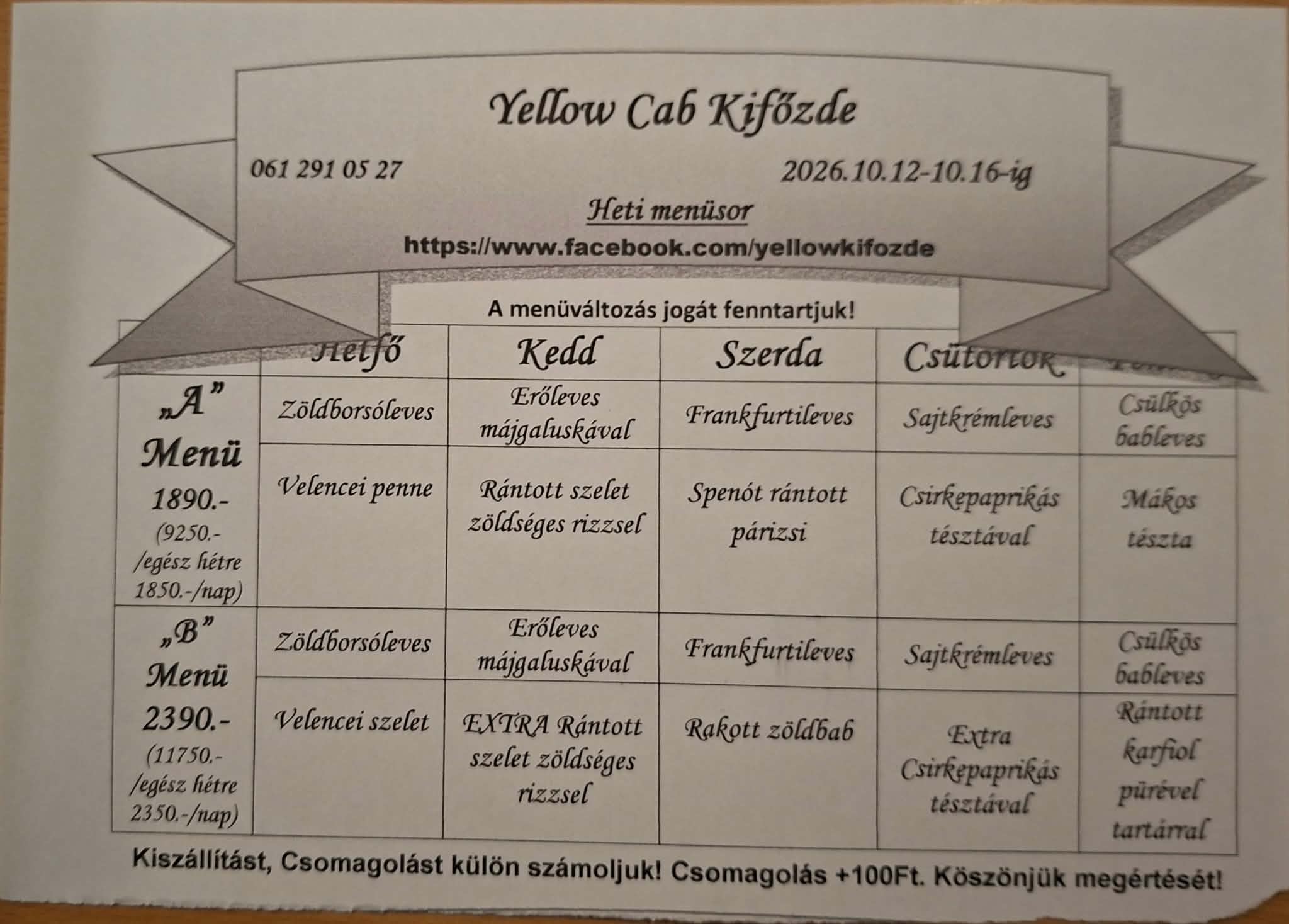 Heti menü fogások a Yellow Cab Kifőzdében